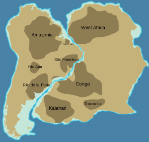 Pangea depicting the connection between south America and Africa.