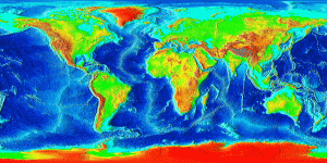 flat map of the world showing the topography of the land and oceans