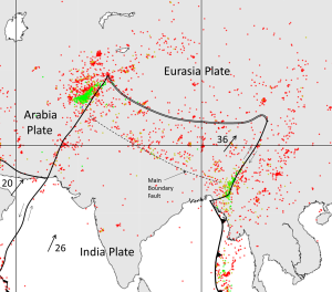 map showing the distribution of earthquakes in the area of the India-Eurasia plate boundary