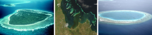 three different images depicting A fringing reef (left), barrier reef (center), and atoll (right) 
