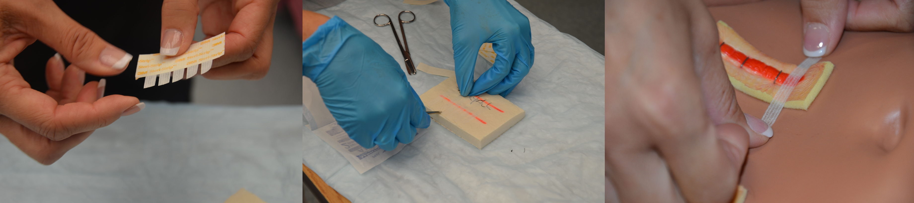 Photo showing three views of applying steristrips to a simulated wound