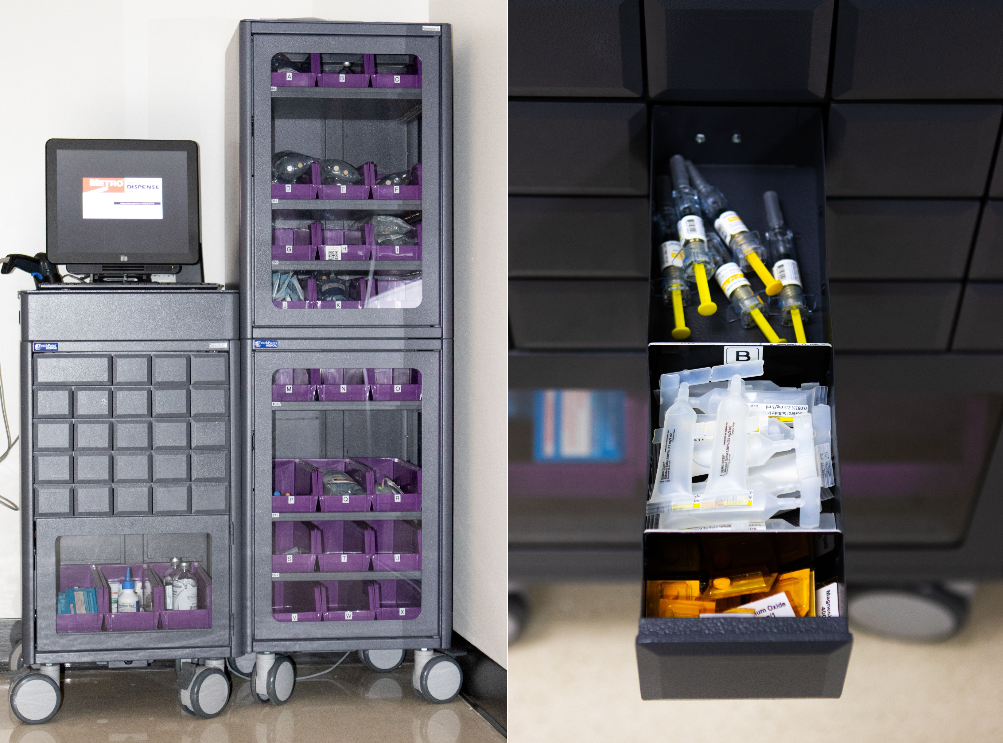 Photo showing Medication Dispensing Cart and closeup of drawer on that cart