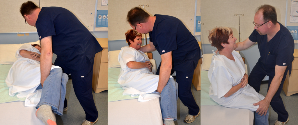 Image showing a nurse Assisting a simulated patient to a Seated Position