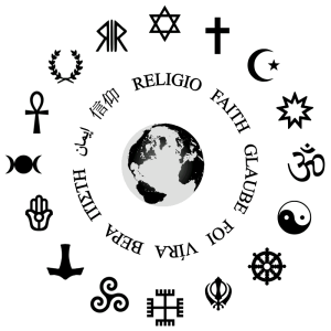 Image showing religious symbols circling a globe and religious text