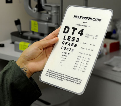 Photo showing a hand holding a near vision card 