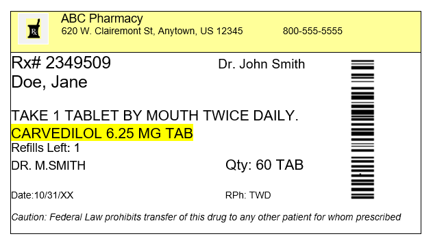 Photo showing closeup of a label from a prescription of carvedilol