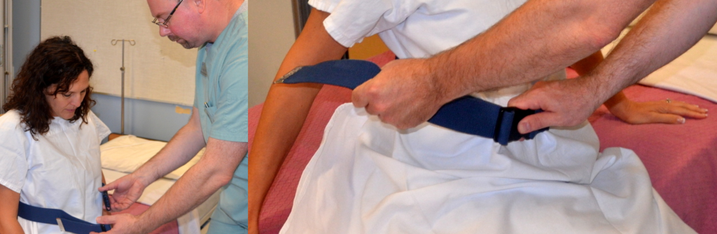 “Sept-22-2015-119.jpg” and “Sept-22-2015-121-001.jpg” by unknown authors are licensed under CC BY 4.0. Access for free at https://opentextbc.ca/clinicalskills/chapter/3-5-positioning-a-patient-on-the-side-of-a-bed/ Image of nurse demonstrating Application of a Gait Belt on a simulated patient