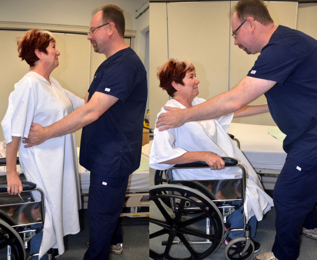 “Book-pictures-2015-603.jpg” and “Book-pictures-2015-6041” by unknown authors are licensed under CC BY 4.0. Access for free at https://opentextbc.ca/clinicalskills/chapter/3-7-transfers-and-ambulation/ Image of a nurse Assisting a simulated Patient to a Wheelchair