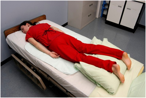 “prone.jpg” by unknown author is licensed under CC BY 4.0. Access for free at https://opentextbc.ca/clinicalskills/chapter/3-4-positioning-a-patient-in-bed/ Image showing simulated patient in prone position